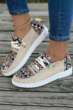 New Dear-Lover Vintage Aztec Patchwork Lace-up Decor Flat Shoes Brown