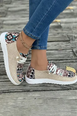 New Dear-Lover Vintage Aztec Patchwork Lace-up Decor Flat Shoes Brown