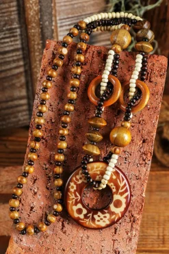 Hot Dear-Lover Vintage Beaded Wooden Pendant Necklace Brown