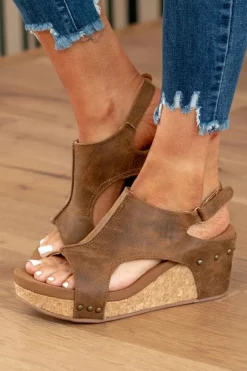 Online Dear-Lover Vintage Leather Stitching Studded Wedge Sandals Brown