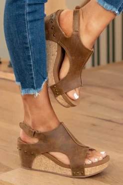 Online Dear-Lover Vintage Leather Stitching Studded Wedge Sandals Brown