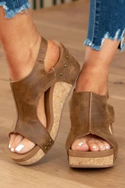 Online Dear-Lover Vintage Leather Stitching Studded Wedge Sandals Brown