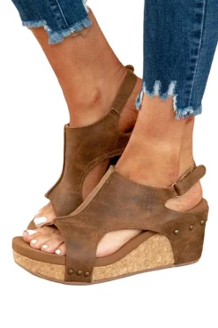 Online Dear-Lover Vintage Leather Stitching Studded Wedge Sandals Brown