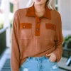 Outlet Dear-Lover Waffle Knit Button Contrast Trim Long Sleeve Top Brown