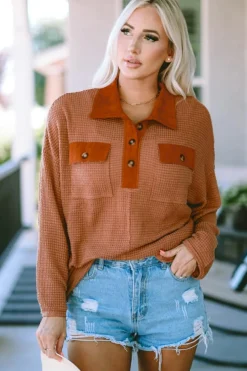 Outlet Dear-Lover Waffle Knit Button Contrast Trim Long Sleeve Top Brown