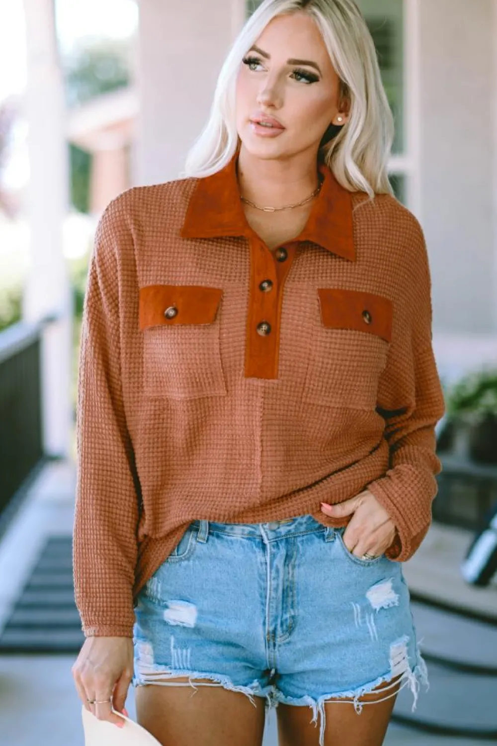 Outlet Dear-Lover Waffle Knit Button Contrast Trim Long Sleeve Top Brown