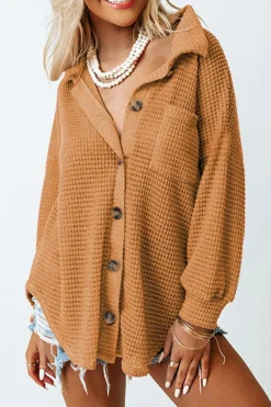 Online Dear-Lover Waffle Knit Button Up Casual Shirt Brown