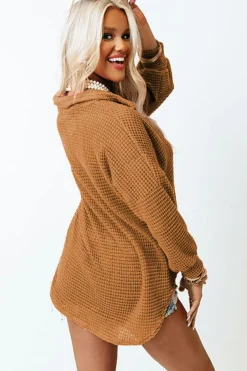 Online Dear-Lover Waffle Knit Button Up Casual Shirt Brown