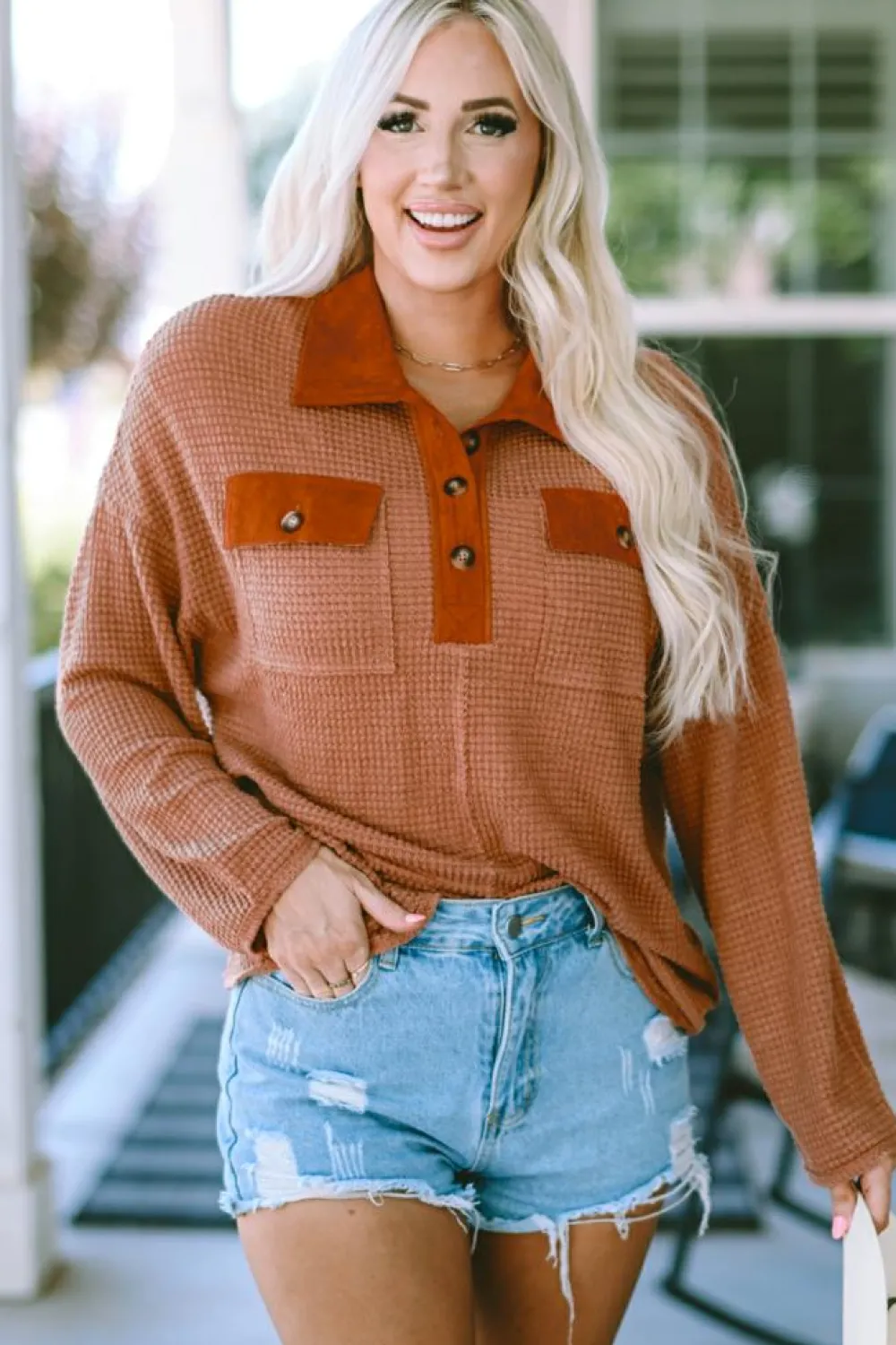 Outlet Dear-Lover Waffle Knit Button Contrast Trim Long Sleeve Top Brown
