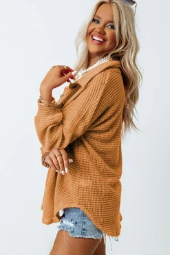 Online Dear-Lover Waffle Knit Button Up Casual Shirt Brown