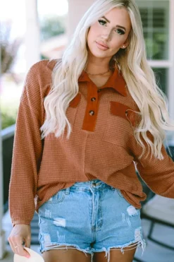 Outlet Dear-Lover Waffle Knit Button Contrast Trim Long Sleeve Top Brown
