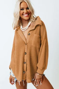 Online Dear-Lover Waffle Knit Button Up Casual Shirt Brown
