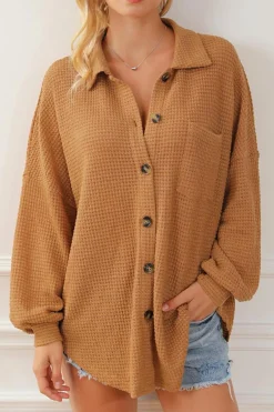 Online Dear-Lover Waffle Knit Button Up Casual Shirt Brown