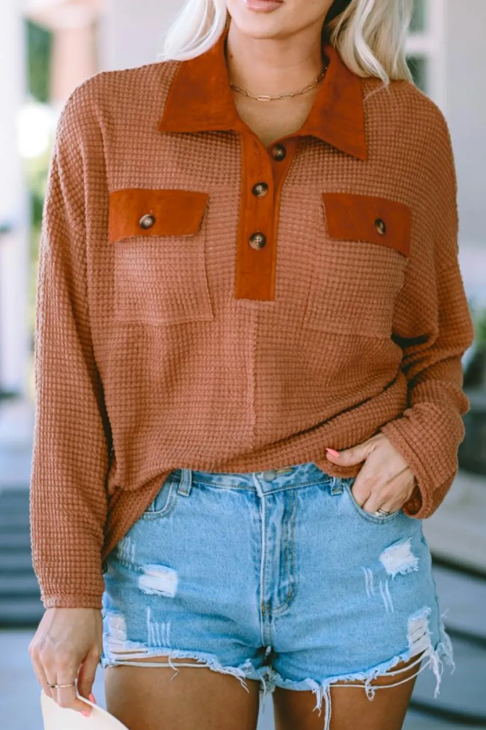 Outlet Dear-Lover Waffle Knit Button Contrast Trim Long Sleeve Top Brown