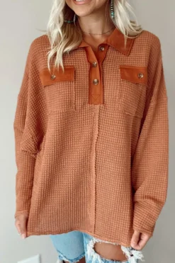 Outlet Dear-Lover Waffle Knit Button Contrast Trim Long Sleeve Top Brown