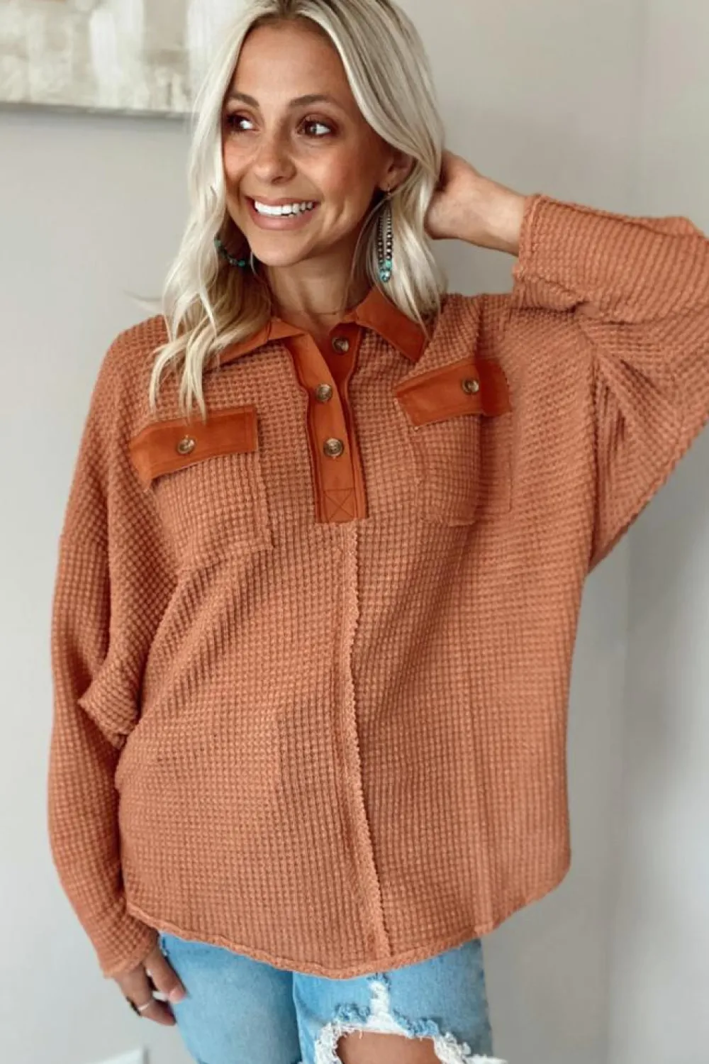 Outlet Dear-Lover Waffle Knit Button Contrast Trim Long Sleeve Top Brown