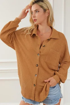 Online Dear-Lover Waffle Knit Button Up Casual Shirt Brown