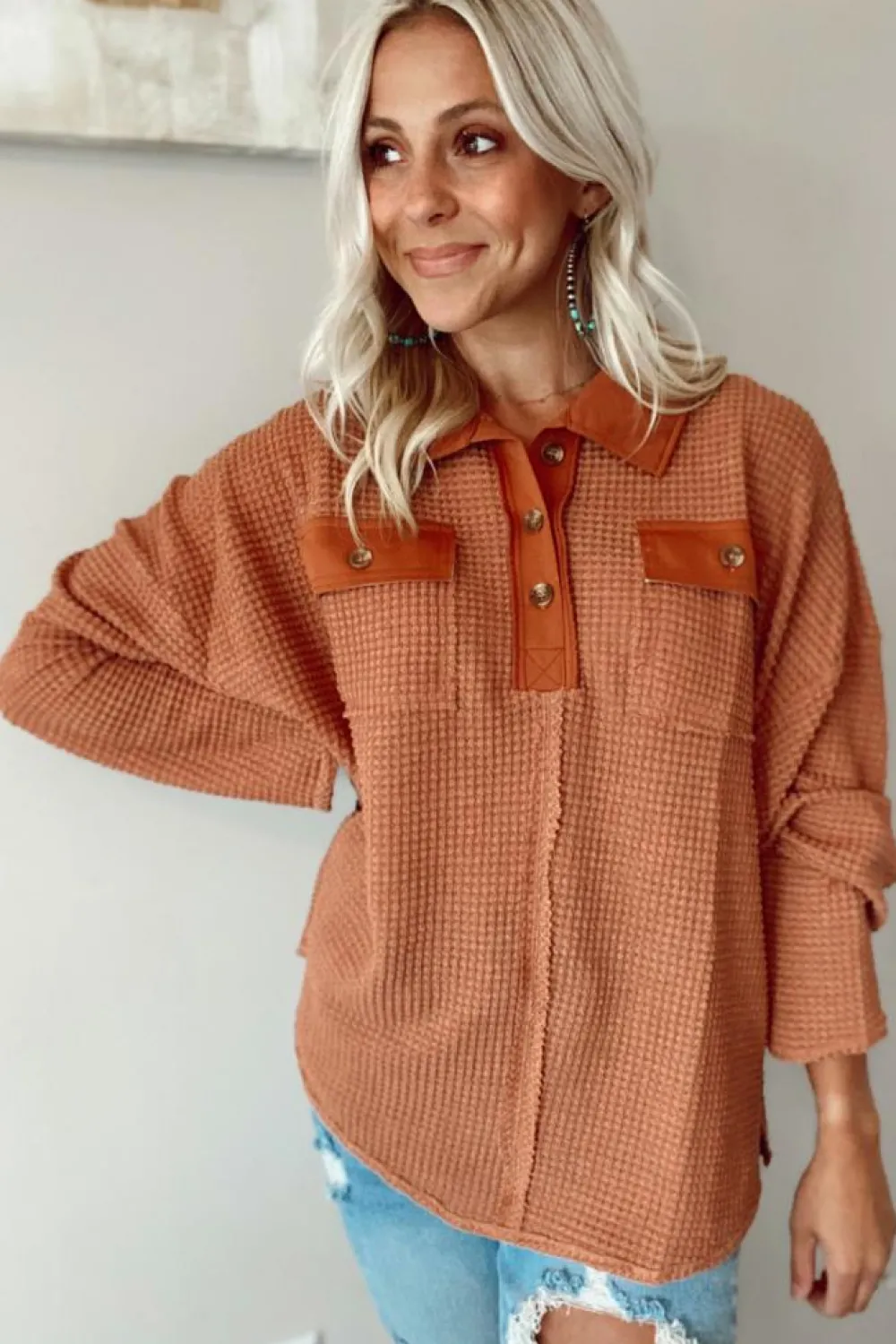 Outlet Dear-Lover Waffle Knit Button Contrast Trim Long Sleeve Top Brown