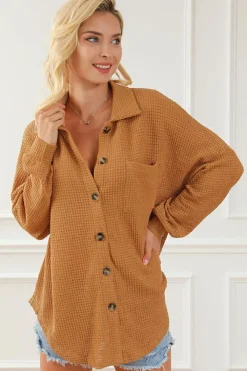 Online Dear-Lover Waffle Knit Button Up Casual Shirt Brown