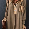 Best Dear-Lover Waffle Knit Buttoned Long Sleeve Top Brown