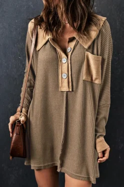 Best Dear-Lover Waffle Knit Buttoned Long Sleeve Top Brown
