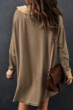 Best Dear-Lover Waffle Knit Buttoned Long Sleeve Top Brown