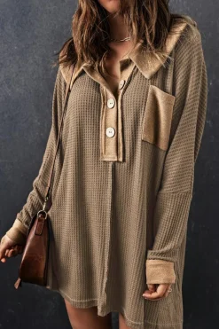 Best Dear-Lover Waffle Knit Buttoned Long Sleeve Top Brown