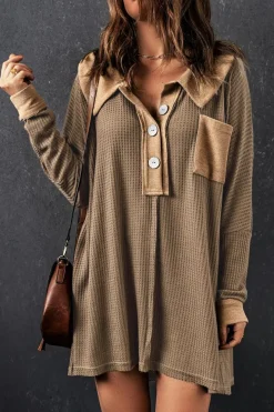 Best Dear-Lover Waffle Knit Buttoned Long Sleeve Top Brown