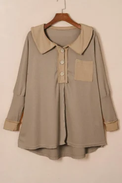 Best Dear-Lover Waffle Knit Buttoned Long Sleeve Top Brown