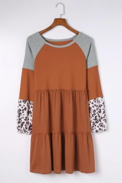 Hot Dear-Lover Waffle Knit Leopard Patchwork Long Sleeve Dress Brown