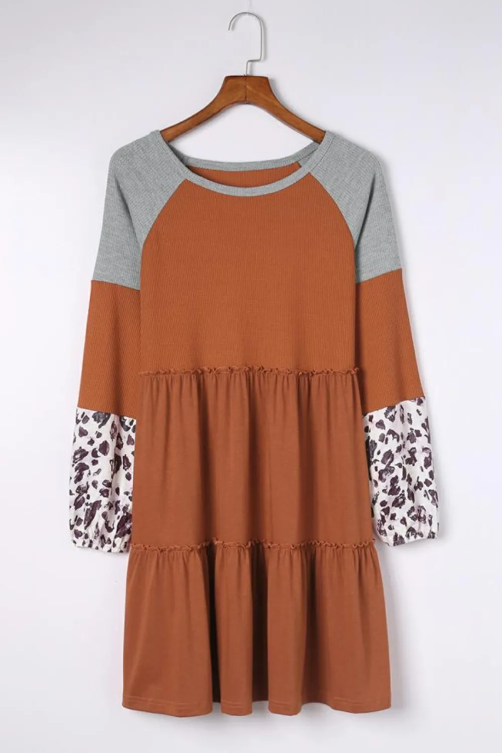 Hot Dear-Lover Waffle Knit Leopard Patchwork Long Sleeve Dress Brown