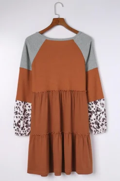 Hot Dear-Lover Waffle Knit Leopard Patchwork Long Sleeve Dress Brown
