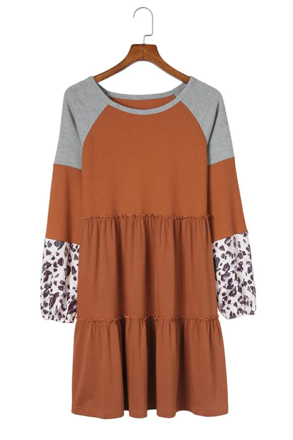 Hot Dear-Lover Waffle Knit Leopard Patchwork Long Sleeve Dress Brown