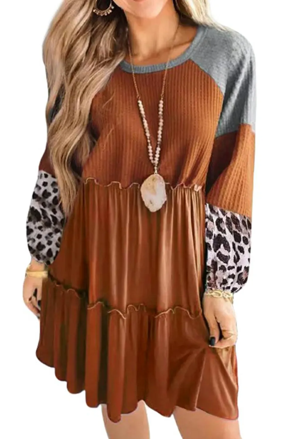 Hot Dear-Lover Waffle Knit Leopard Patchwork Long Sleeve Dress Brown