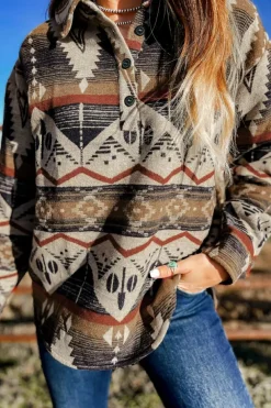 Outlet Dear-Lover Western Aztec Collared Button-up Sweatshirt Brown
