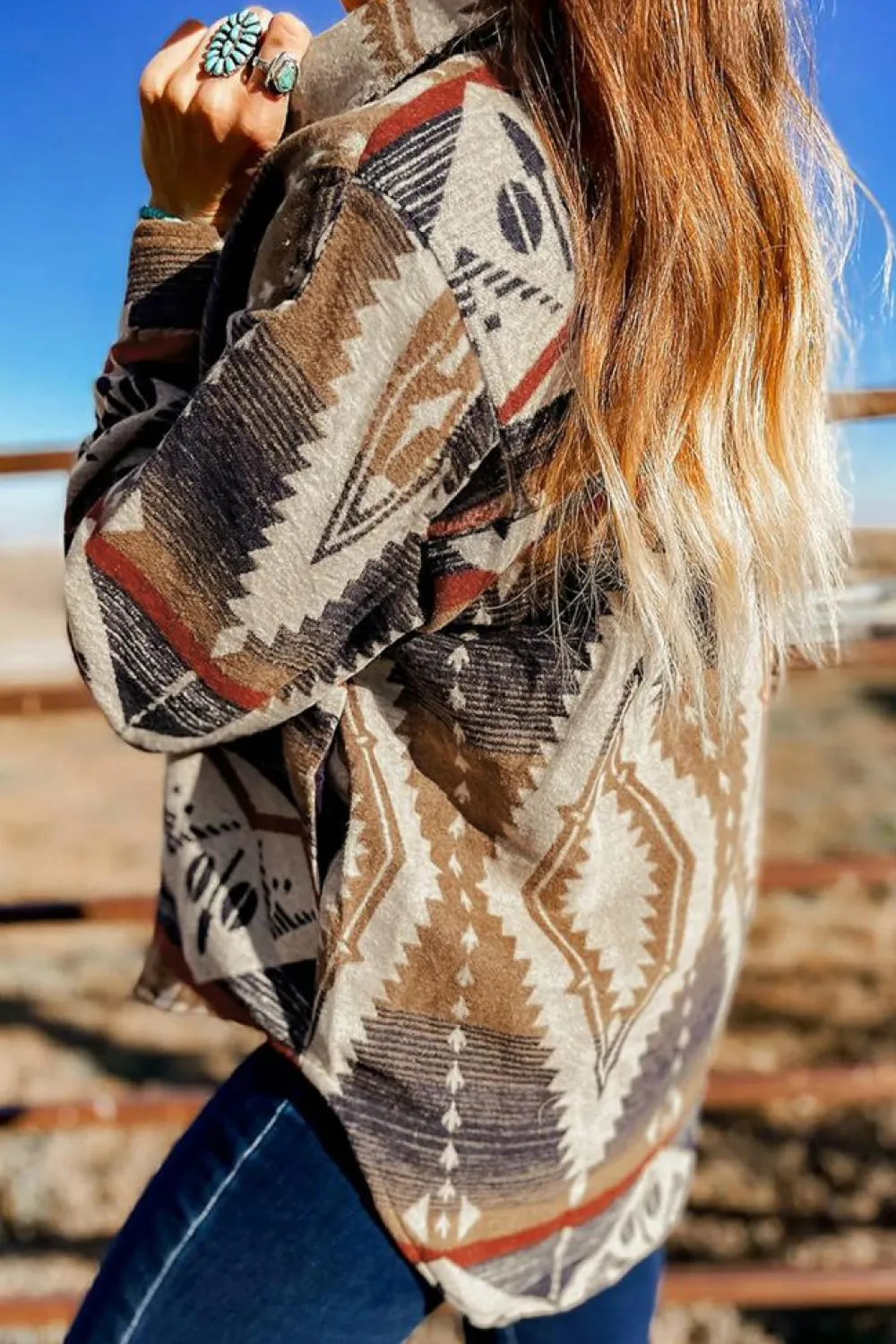 Outlet Dear-Lover Western Aztec Collared Button-up Sweatshirt Brown