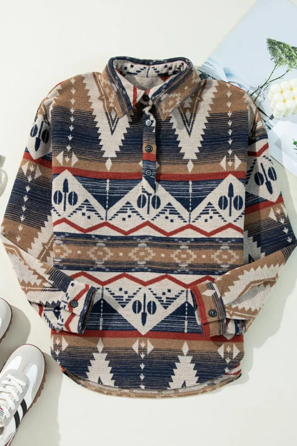 Outlet Dear-Lover Western Aztec Collared Button-up Sweatshirt Brown