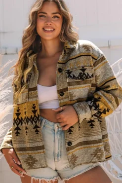 Online Dear-Lover Western Aztec Print Jacket Brown