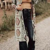 Sale Dear-Lover Western Aztec Printed Open Front Long Cardigan Brown