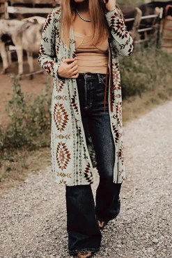 Sale Dear-Lover Western Aztec Printed Open Front Long Cardigan Brown