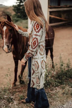 Sale Dear-Lover Western Aztec Printed Open Front Long Cardigan Brown