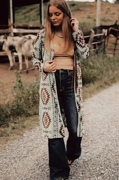Sale Dear-Lover Western Aztec Printed Open Front Long Cardigan Brown