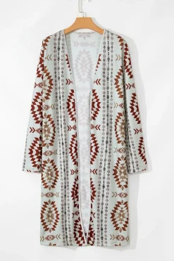 Sale Dear-Lover Western Aztec Printed Open Front Long Cardigan Brown
