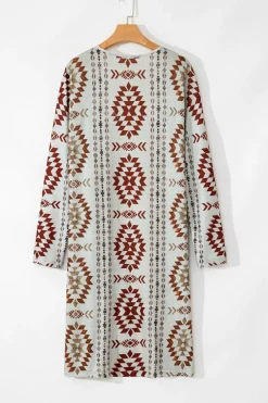 Sale Dear-Lover Western Aztec Printed Open Front Long Cardigan Brown