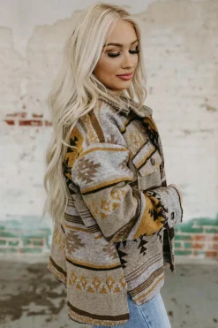 Online Dear-Lover Western Aztec Print Jacket Brown