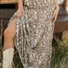 Online Dear-Lover Western Floral Print Ruffled Hem High Waist Loose Maxi Skirt Brown