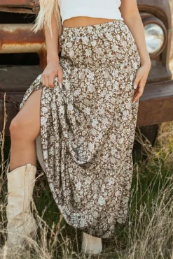Online Dear-Lover Western Floral Print Ruffled Hem High Waist Loose Maxi Skirt Brown