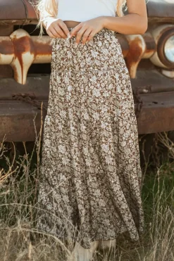 Online Dear-Lover Western Floral Print Ruffled Hem High Waist Loose Maxi Skirt Brown