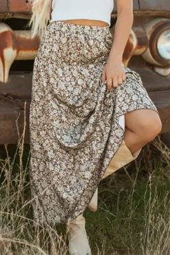 Online Dear-Lover Western Floral Print Ruffled Hem High Waist Loose Maxi Skirt Brown
