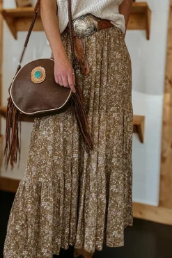 Online Dear-Lover Western Floral Print Ruffled Hem High Waist Loose Maxi Skirt Brown